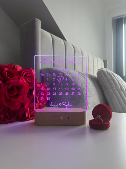 Personalised Couple Calendar LED Lamp Custom Date and Names Night Light Valentine’s Day Wedding Anniversary Engagement Romantic Gift