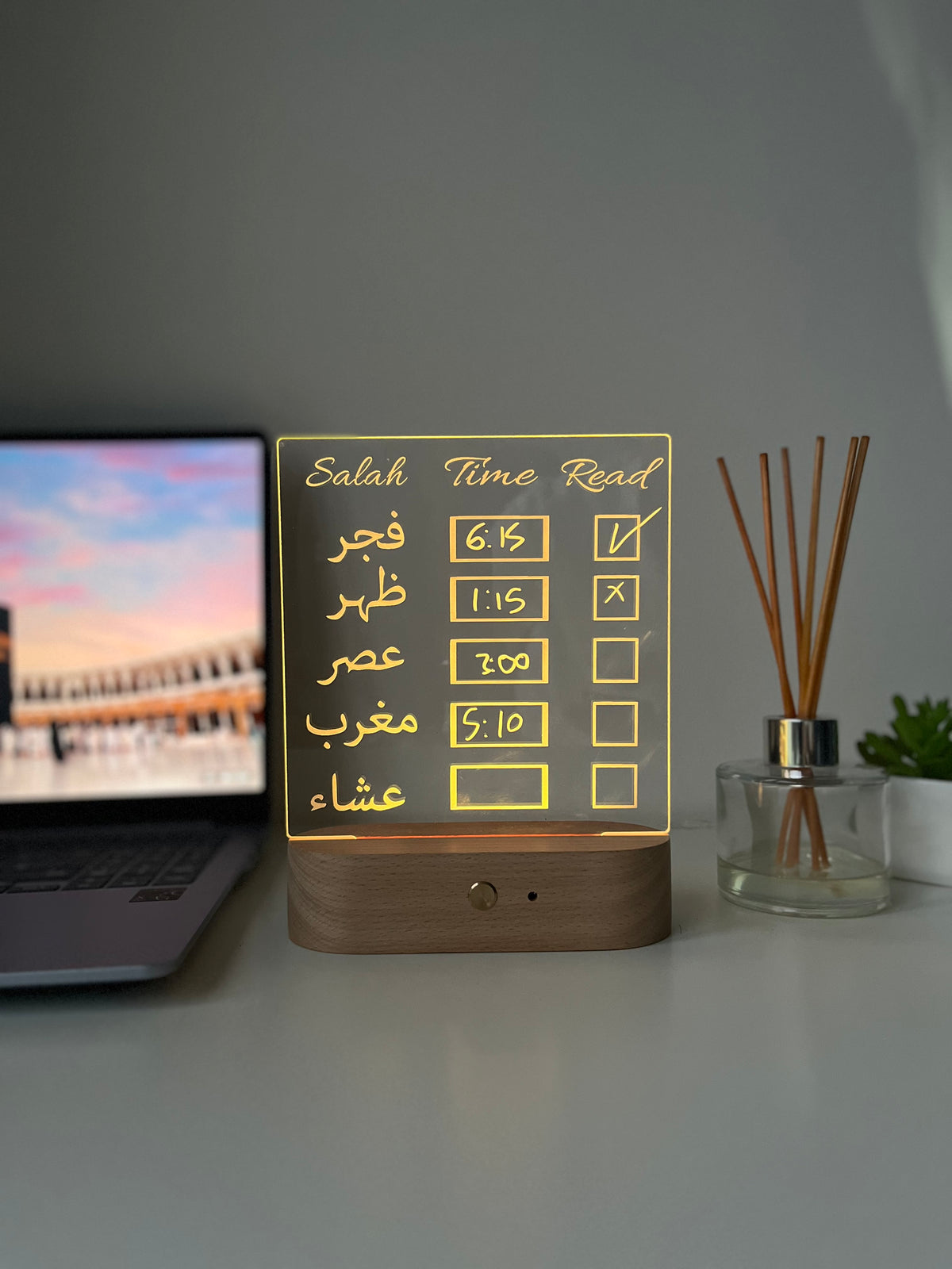 Erasable Prayer Times LED Tracker Lamp | Personalised Islamic Gift | Salah Schedule Desk Light & Home Decor for Him or Her