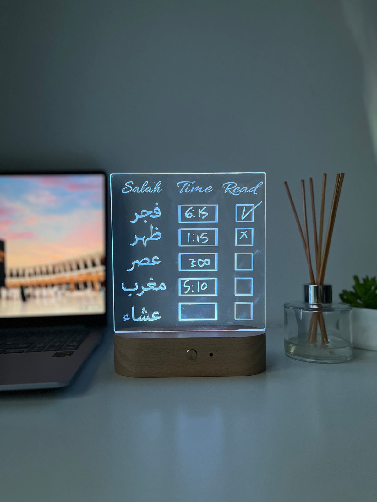 Erasable Prayer Times LED Tracker Lamp | Personalised Islamic Gift | Salah Schedule Desk Light & Home Decor for Him or Her