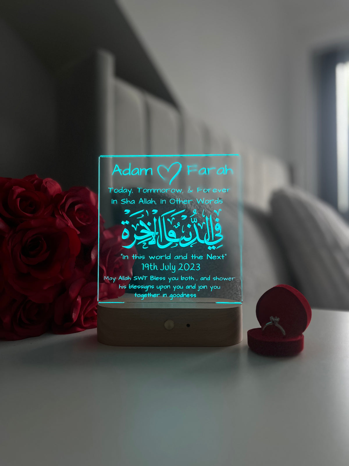 Islamic Nikah Wedding LED Lamp | Fi Dunya Wal Akhirah — Today, Tomorrow & Forever | Personalised Newlywed Couple Gift