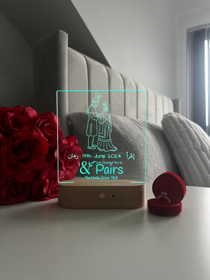 Bride & Groom Outline LED Lamp “We Made You In Pairs” Personalised Islamic Nikah Wedding Valentine’s Day Gift for Couple