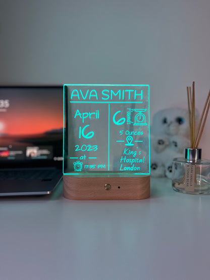 Personalised Baby Birth Stats LED Night Light | Custom Name & Details Lamp | Newborn Gift, Nursery Decor, Baby Keepsake for Parents