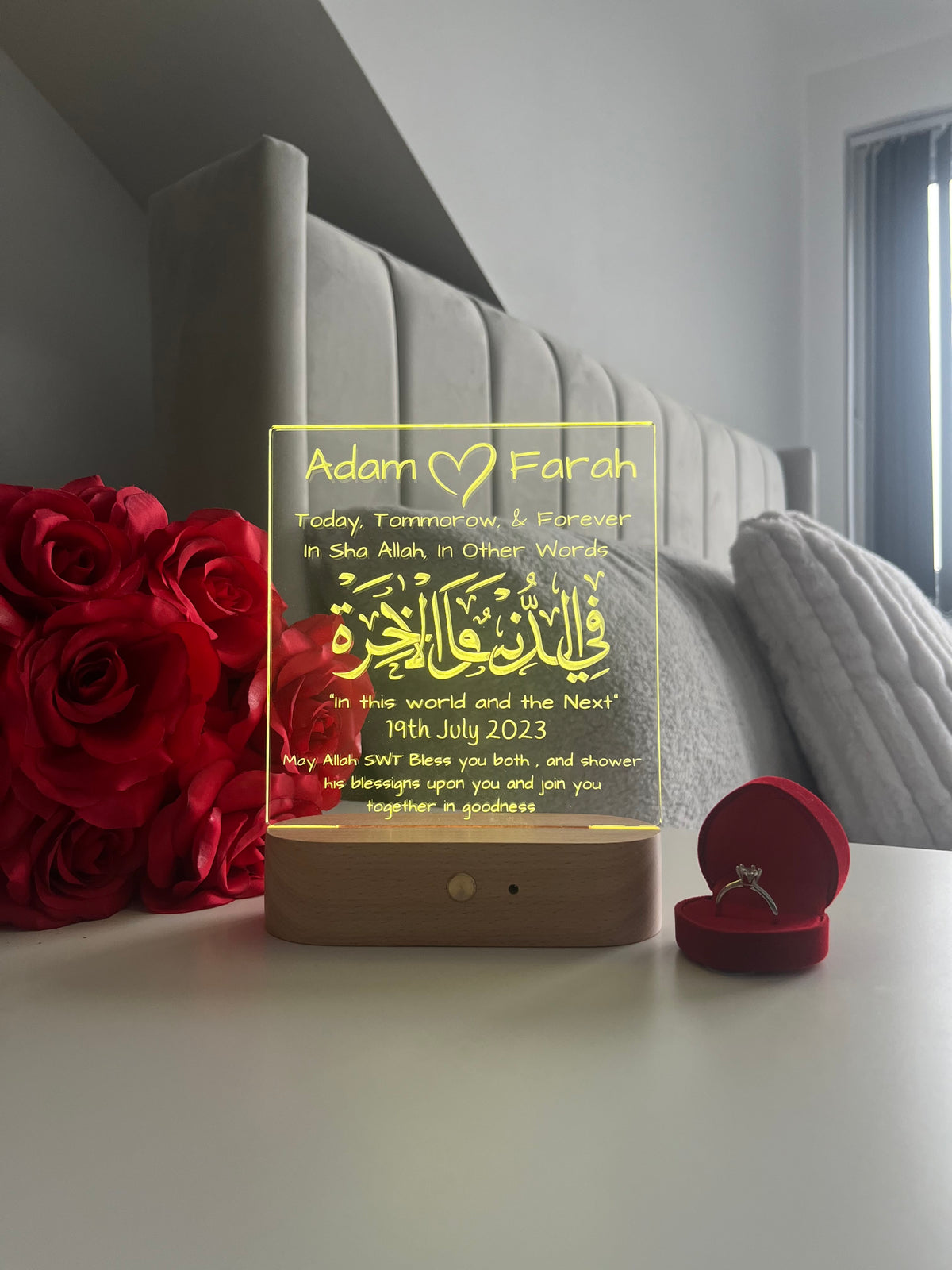 Islamic Nikah Wedding LED Lamp | Fi Dunya Wal Akhirah — Today, Tomorrow & Forever | Personalised Newlywed Couple Gift