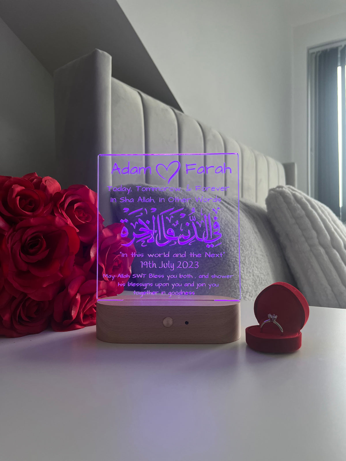 Islamic Nikah Wedding LED Lamp | Fi Dunya Wal Akhirah — Today, Tomorrow & Forever | Personalised Newlywed Couple Gift