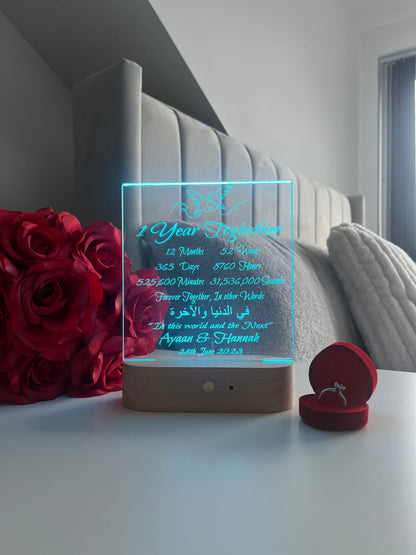 Islamic Nikah Anniversary LED Lamp “Fi Dunya Wal Akhirah” Personalised Valentine’s Day Wedding Gift for Newlywed Couple