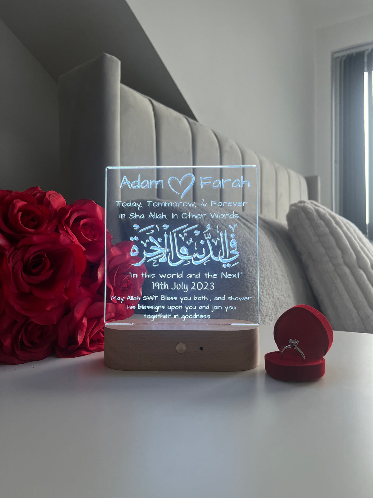 Islamic Nikah Wedding LED Lamp | Fi Dunya Wal Akhirah — Today, Tomorrow & Forever | Personalised Newlywed Couple Gift