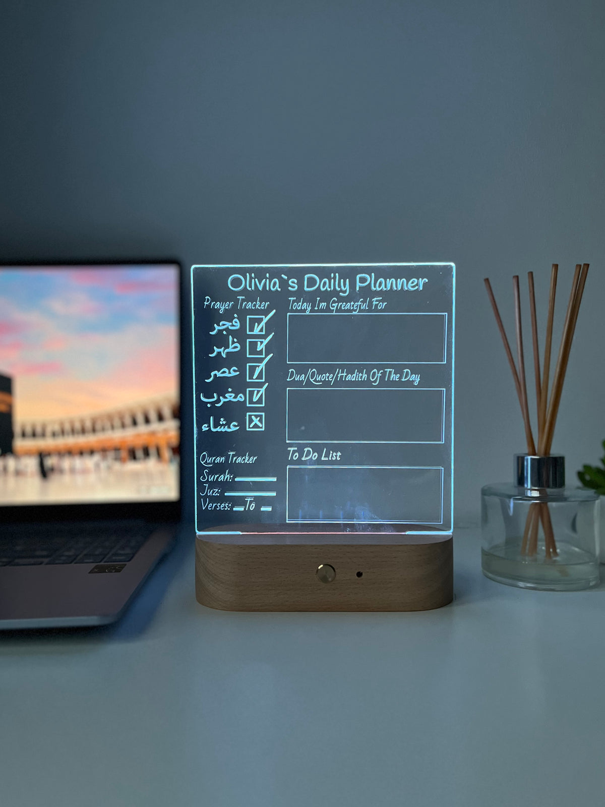 Personalised Islamic Day Planner LED Lamp | Salah Tracker, Qur’an Tracker & Surah Review | Islamic Gift for Him or Her