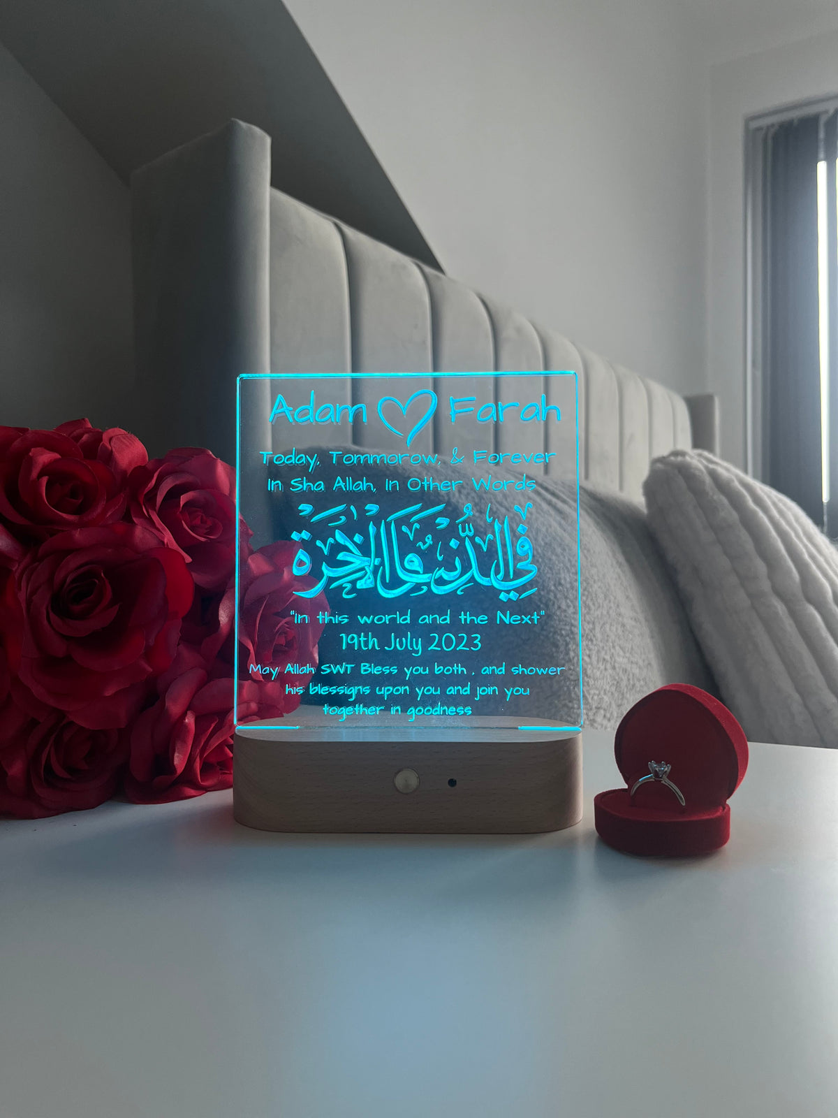 Islamic Nikah Wedding LED Lamp | Fi Dunya Wal Akhirah — Today, Tomorrow & Forever | Personalised Newlywed Couple Gift