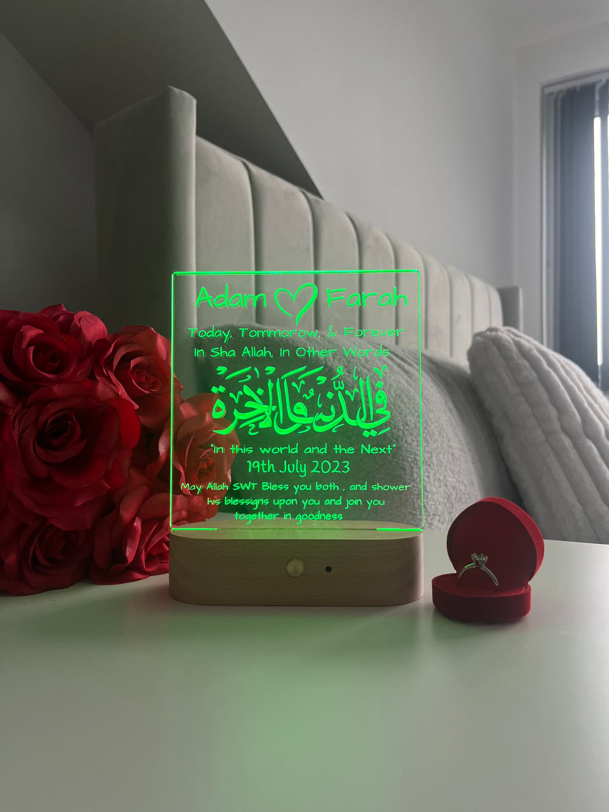 Islamic Nikah Wedding LED Lamp | Fi Dunya Wal Akhirah — Today, Tomorrow & Forever | Personalised Newlywed Couple Gift