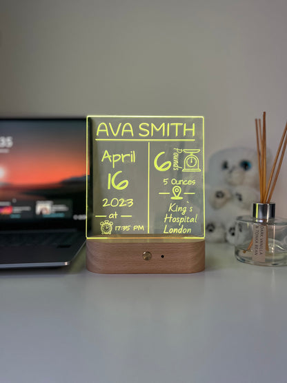 Personalised Baby Birth Stats LED Night Light | Custom Name & Details Lamp | Newborn Gift, Nursery Decor, Baby Keepsake for Parents