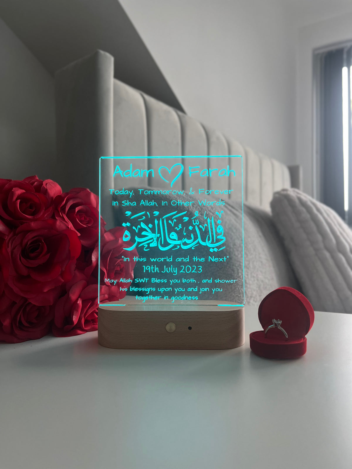 Islamic Nikah Wedding LED Lamp | Fi Dunya Wal Akhirah — Today, Tomorrow & Forever | Personalised Newlywed Couple Gift