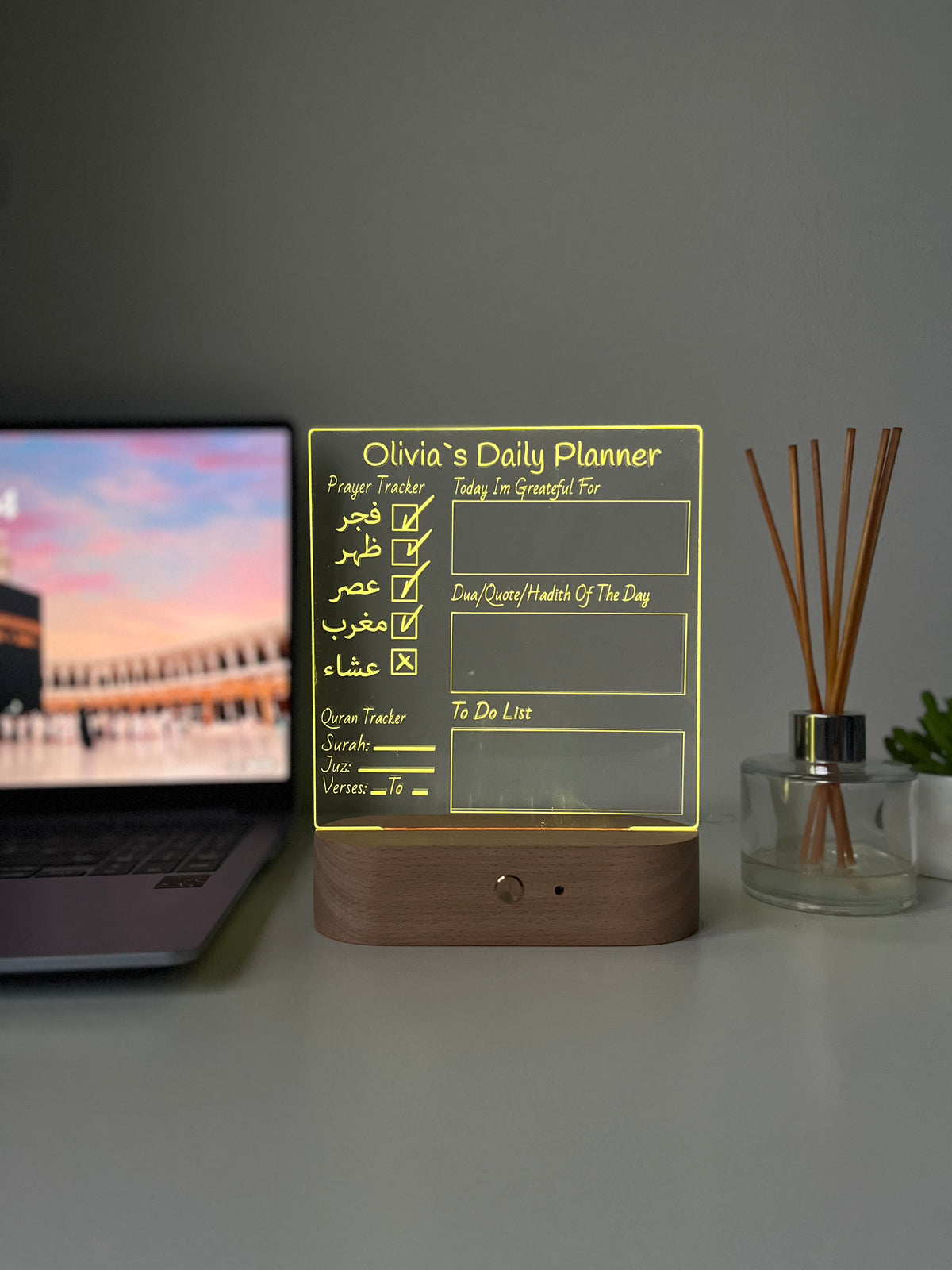 Personalised Islamic Day Planner LED Lamp | Salah Tracker, Qur’an Tracker & Surah Review | Islamic Gift for Him or Her