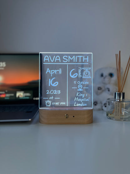 Personalised Baby Birth Stats LED Night Light | Custom Name & Details Lamp | Newborn Gift, Nursery Decor, Baby Keepsake for Parents