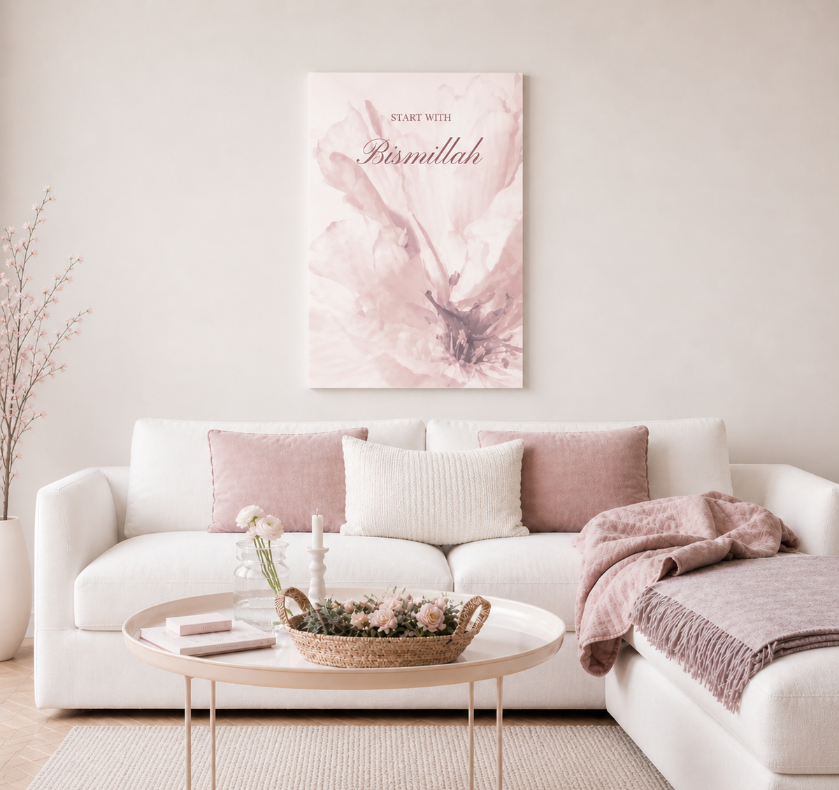 Floral Islamic Canvas Wall Art | Blush Pink Muslim Home Decor