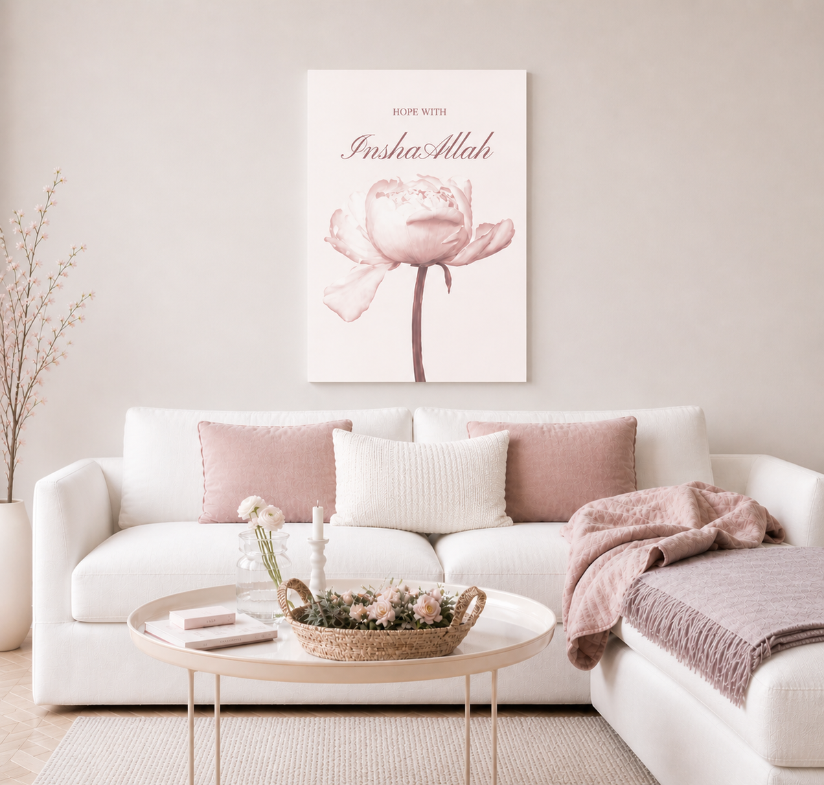 Floral Islamic Canvas Wall Art | Blush Pink Muslim Home Decor