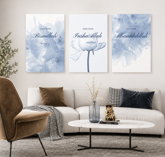 Modern Islamic Canvas Wall Art | Blue Floral Muslim Home Decor