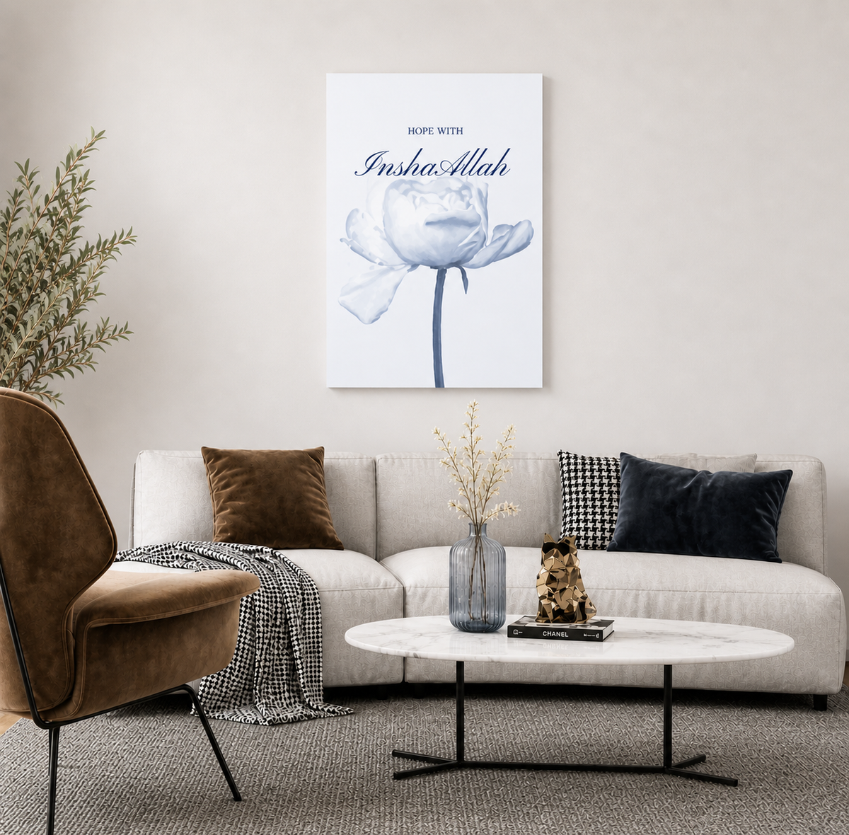 Modern Islamic Canvas Wall Art | Blue Floral Muslim Home Decor