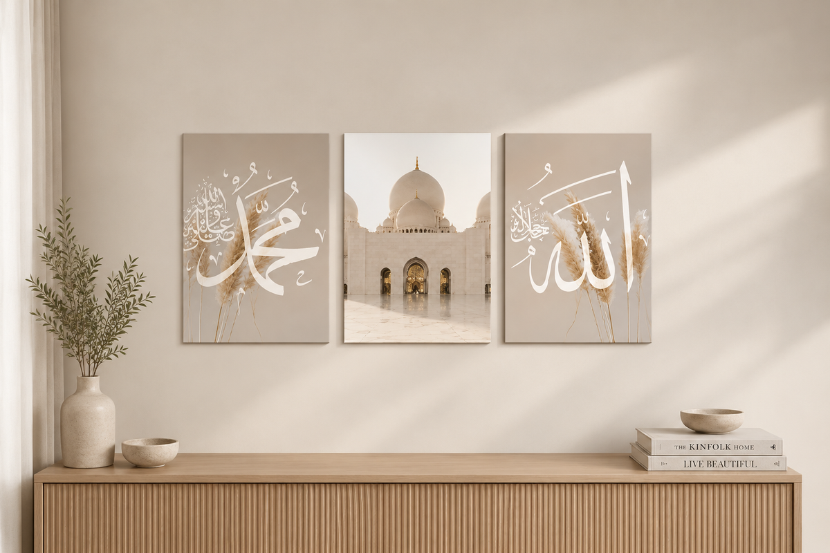 Luxury Islamic Wall Art Trio – Contemporary Muslim Canvas Decor