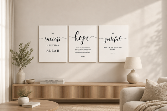 Minimalist Islamic Wall Art Set – Shukr, Sabr & Tawakkul Arabic Canvas Prints