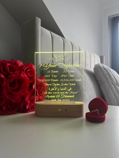 Islamic Nikah Anniversary LED Lamp “Fi Dunya Wal Akhirah” Personalised Valentine’s Day Wedding Gift for Newlywed Couple