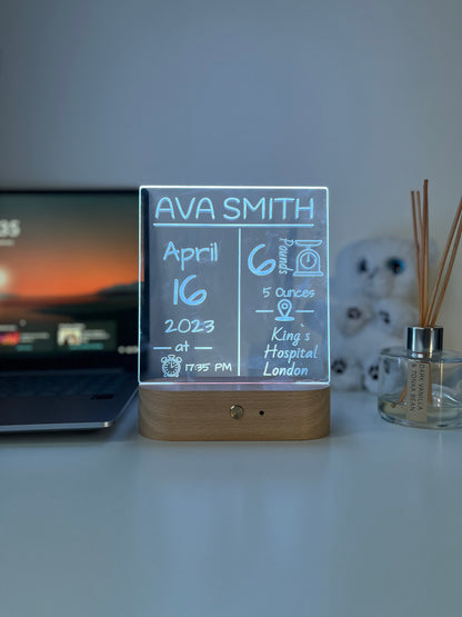 Personalised Baby Birth Stats LED Night Light | Custom Name & Details Lamp | Newborn Gift, Nursery Decor, Baby Keepsake for Parents