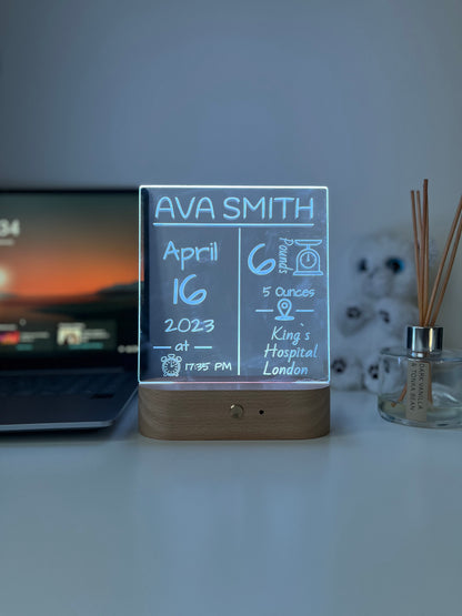 Personalised Baby Birth Stats LED Night Light | Custom Name & Details Lamp | Newborn Gift, Nursery Decor, Baby Keepsake for Parents