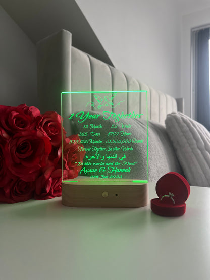 Islamic Nikah Anniversary LED Lamp “Fi Dunya Wal Akhirah” Personalised Valentine’s Day Wedding Gift for Newlywed Couple