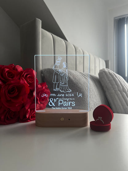 Bride & Groom Outline LED Lamp “We Made You In Pairs” Personalised Islamic Nikah Wedding Valentine’s Day Gift for Couple