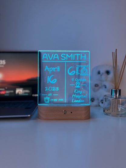 Personalised Baby Birth Stats LED Night Light | Custom Name & Details Lamp | Newborn Gift, Nursery Decor, Baby Keepsake for Parents