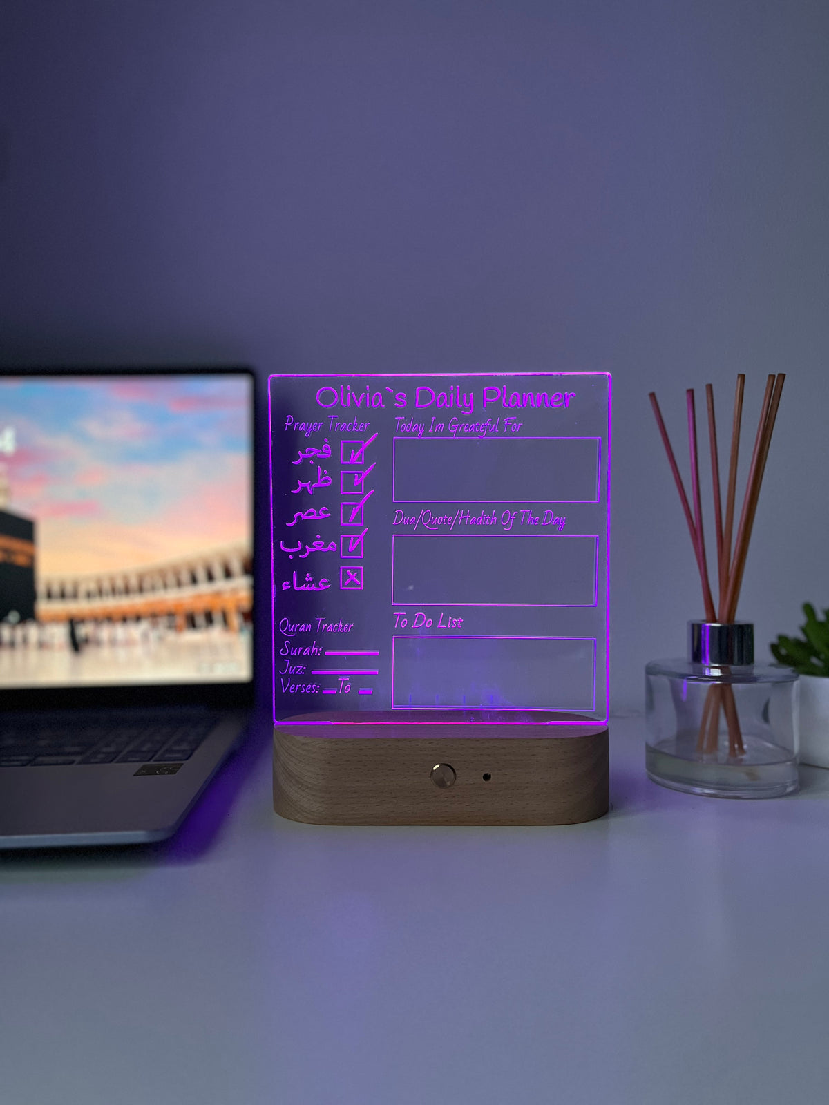 Personalised Islamic Day Planner LED Lamp | Salah Tracker, Qur’an Tracker & Surah Review | Islamic Gift for Him or Her