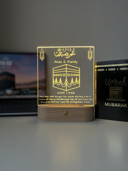 Custom Umrah Mubarak LED Lamp | Laser Engraved Acrylic Night Light | Personalised Hajj/Umrah Keepsake for Family, Friends