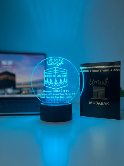 Personalised Umrah Mubarak LED Acrylic Lamp | Laser Engraved Islamic Night Light | Custom Hajj/Umrah Gift for Family or Couple