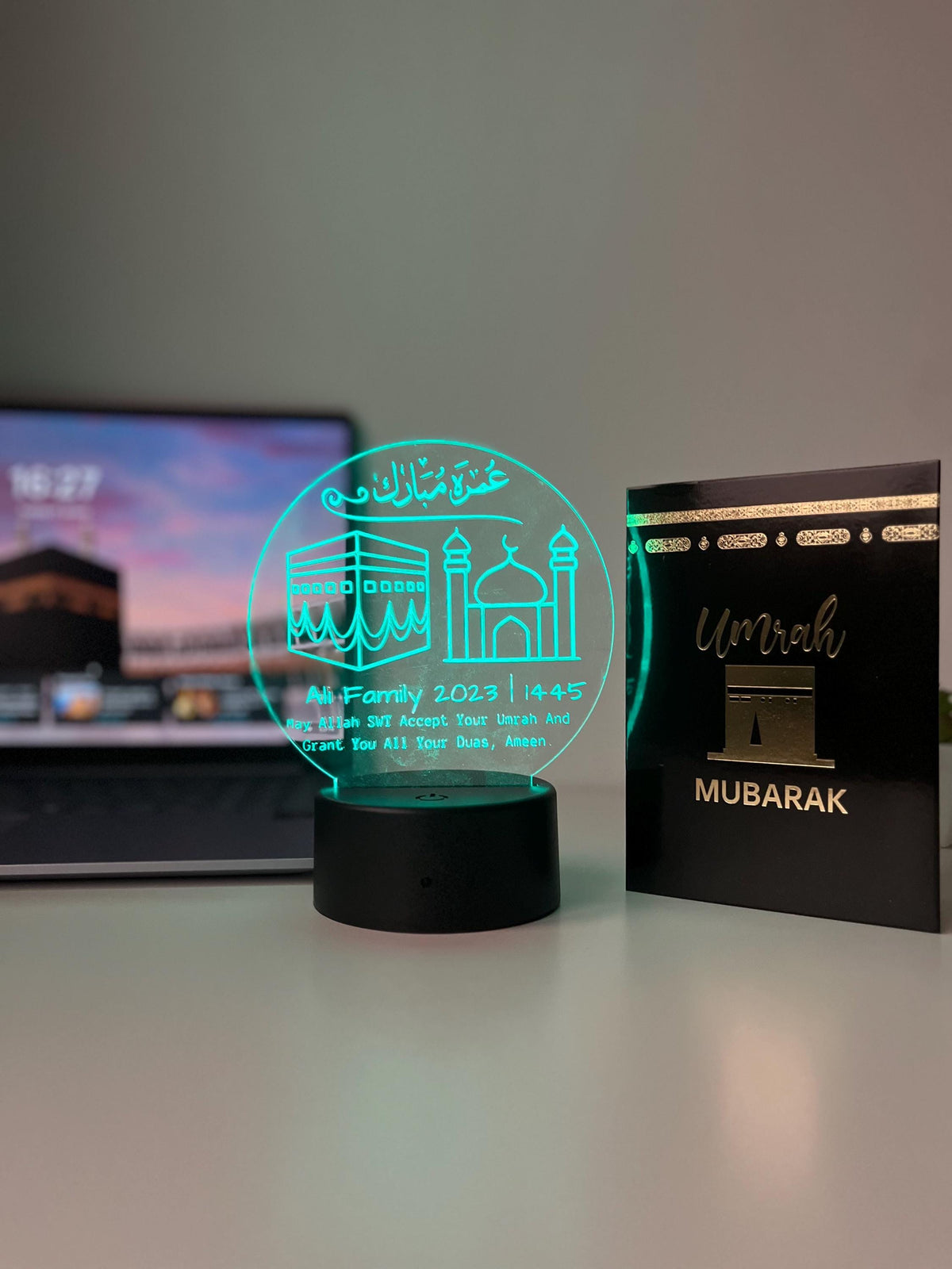Umrah Mubarak Personalized LED Acrylic Lamp | Laser Engraved Arabic Light | Hajj & Umrah Home Decor Gift for Couples or Family