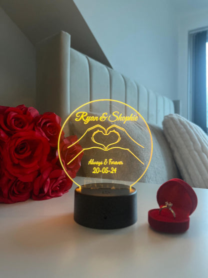 Personalised Couple LED Lamp, Custom Names & Date Night Light, Wedding Engagement Anniversary Gift, Romantic Heart Hands Acrylic Decor