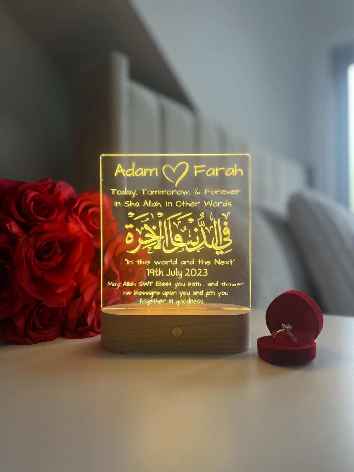 Islamic Nikah Wedding LED Lamp | Fi Dunya Wal Akhirah — Today, Tomorrow & Forever | Personalised Newlywed Couple Gift