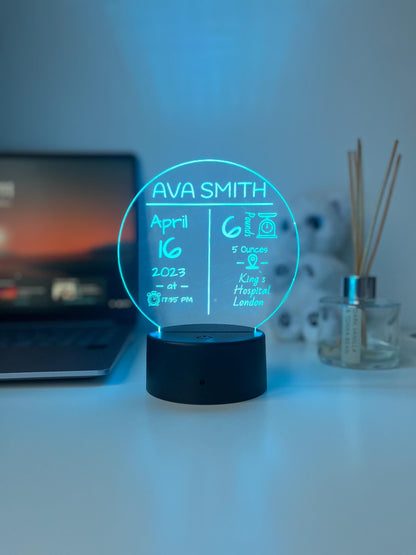 Personalised Newborn Birth Announcement Lamp | Custom Baby Name Night Light | Nursery Decor, Baby Shower Present, Keepsake Gift