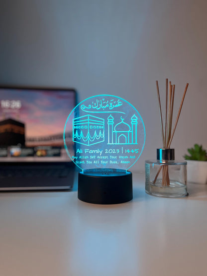 Umrah Mubarak Personalized LED Acrylic Lamp | Laser Engraved Arabic Light | Hajj & Umrah Home Decor Gift for Couples or Family