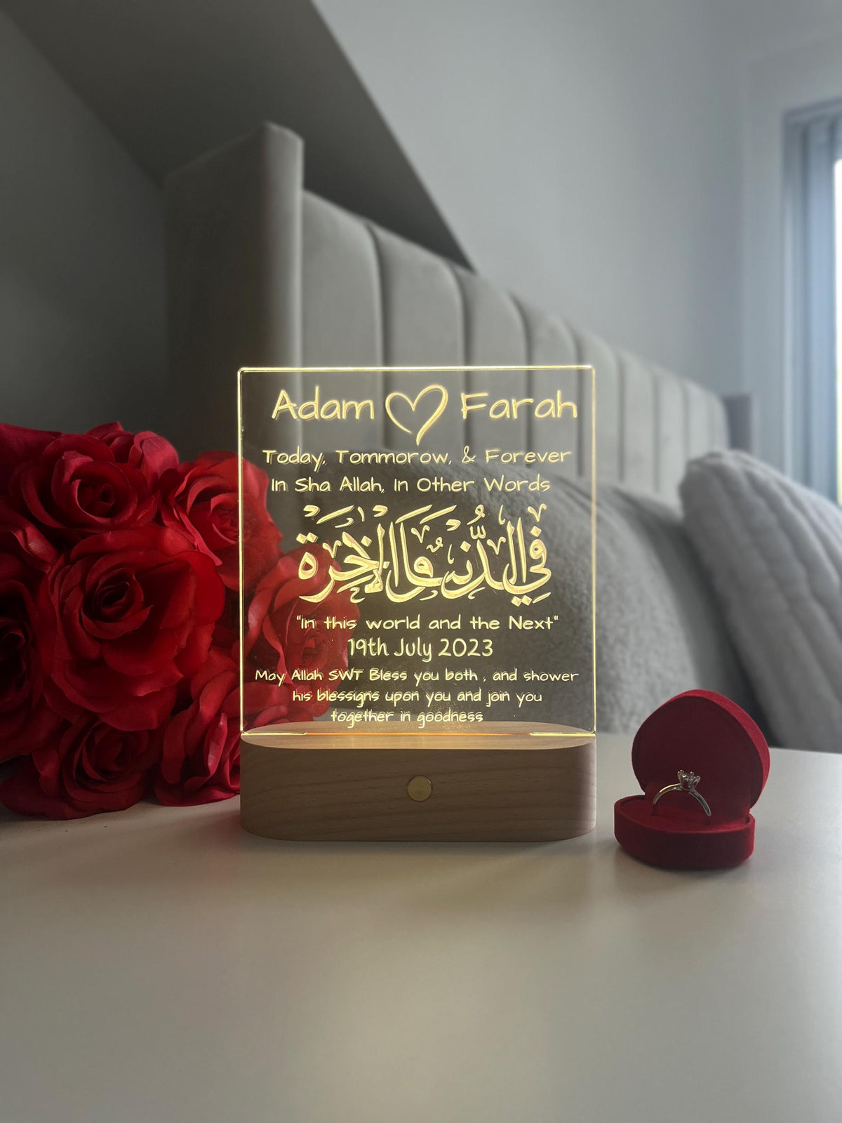 Islamic Nikah Wedding LED Lamp | Fi Dunya Wal Akhirah — Today, Tomorrow & Forever | Personalised Newlywed Couple Gift