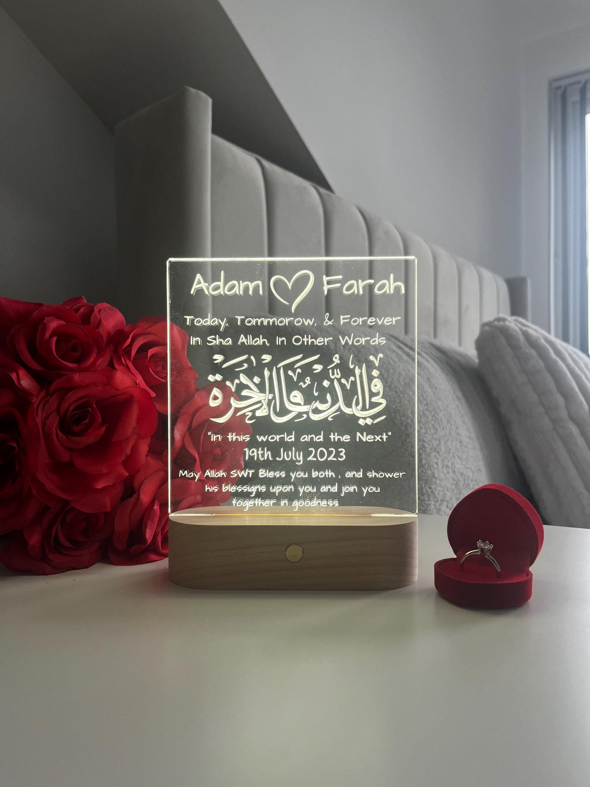 Islamic Nikah Wedding LED Lamp | Fi Dunya Wal Akhirah — Today, Tomorrow & Forever | Personalised Newlywed Couple Gift