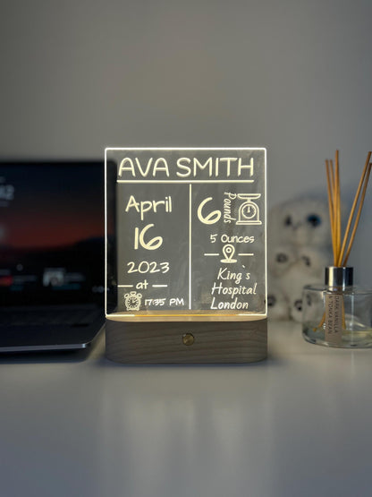Personalised Baby Birth Stats LED Night Light | Custom Name & Details Lamp | Newborn Gift, Nursery Decor, Baby Keepsake for Parents