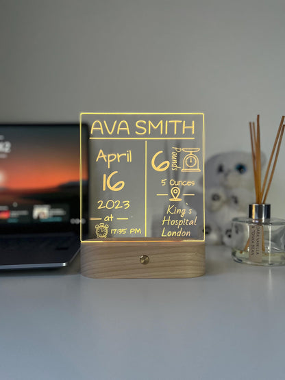 Personalised Baby Birth Stats LED Night Light | Custom Name & Details Lamp | Newborn Gift, Nursery Decor, Baby Keepsake for Parents