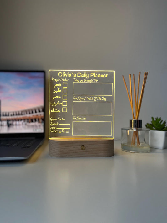 Personalised Islamic Day Planner LED Lamp | Salah Tracker, Qur’an Tracker & Surah Review | Islamic Gift for Him or Her