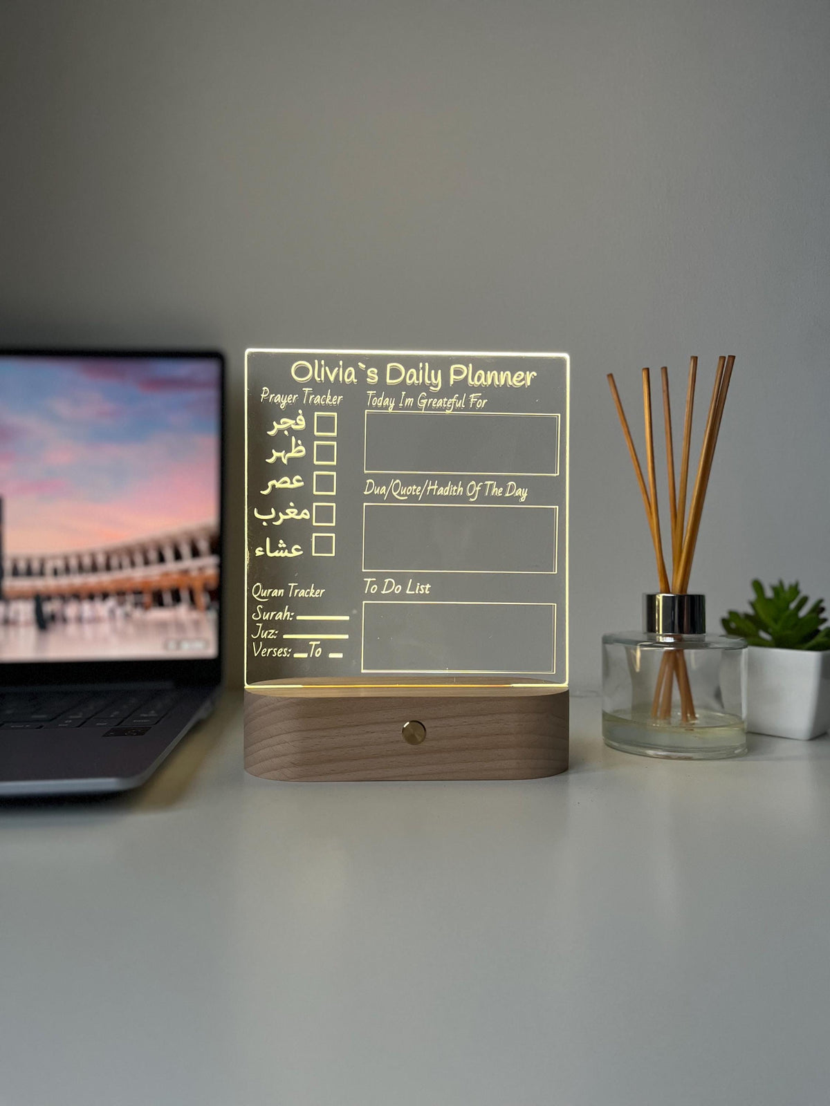 Personalised Islamic Day Planner LED Lamp | Salah Tracker, Qur’an Tracker & Surah Review | Islamic Gift for Him or Her